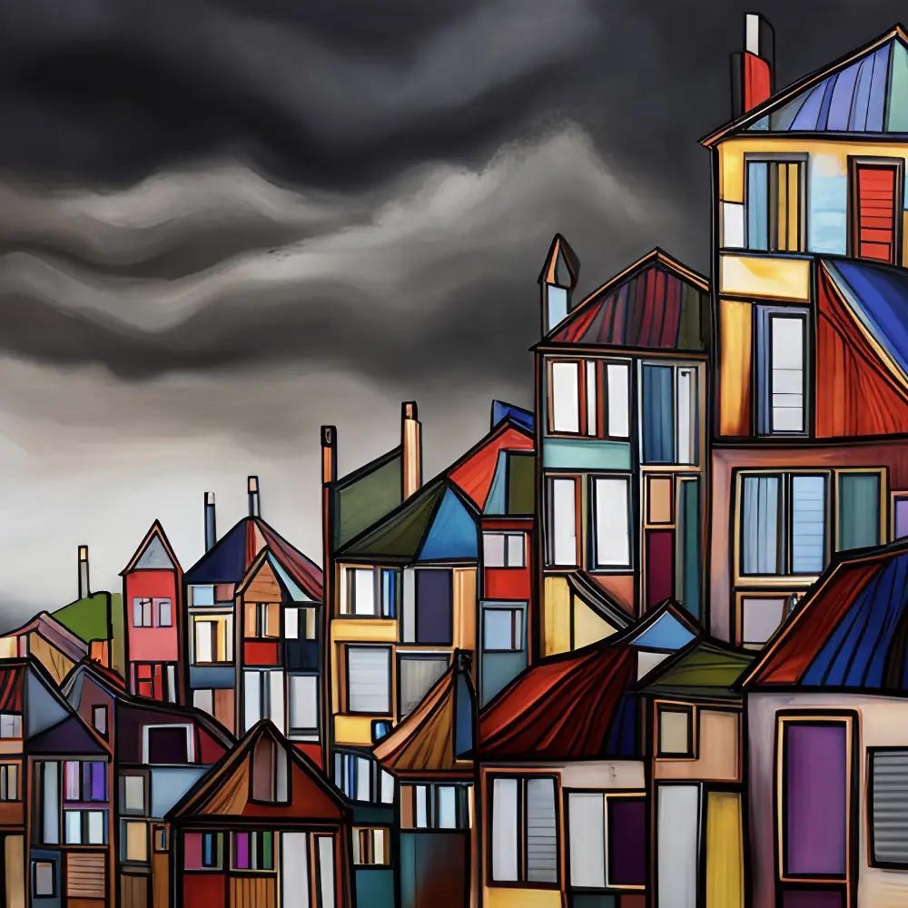 Dense residential housing illustration representing property market complexity and transactions