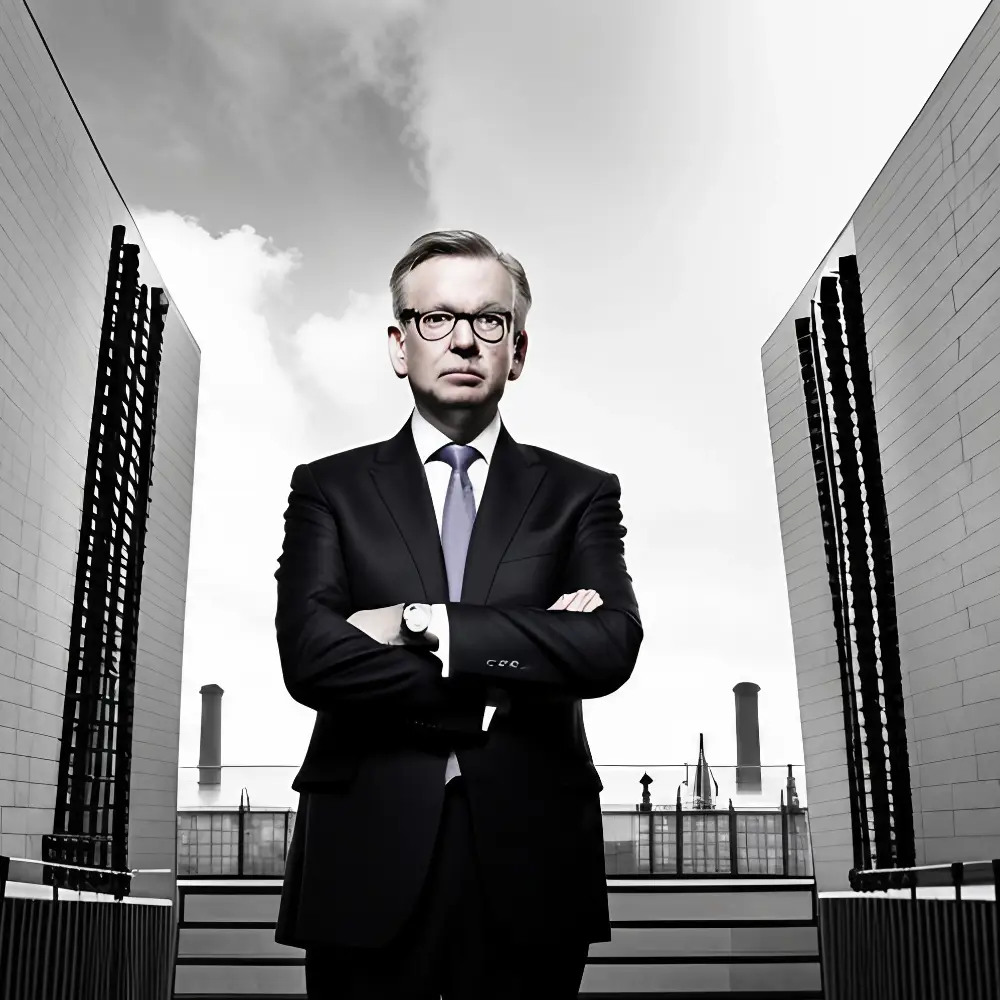 Professional conveyancing solicitor standing confidently between modern buildings