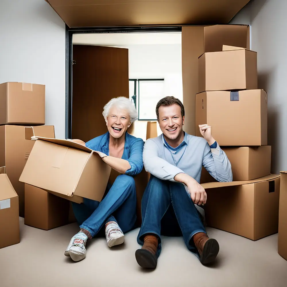 Happy homeowners sitting among moving boxes after completing property purchase