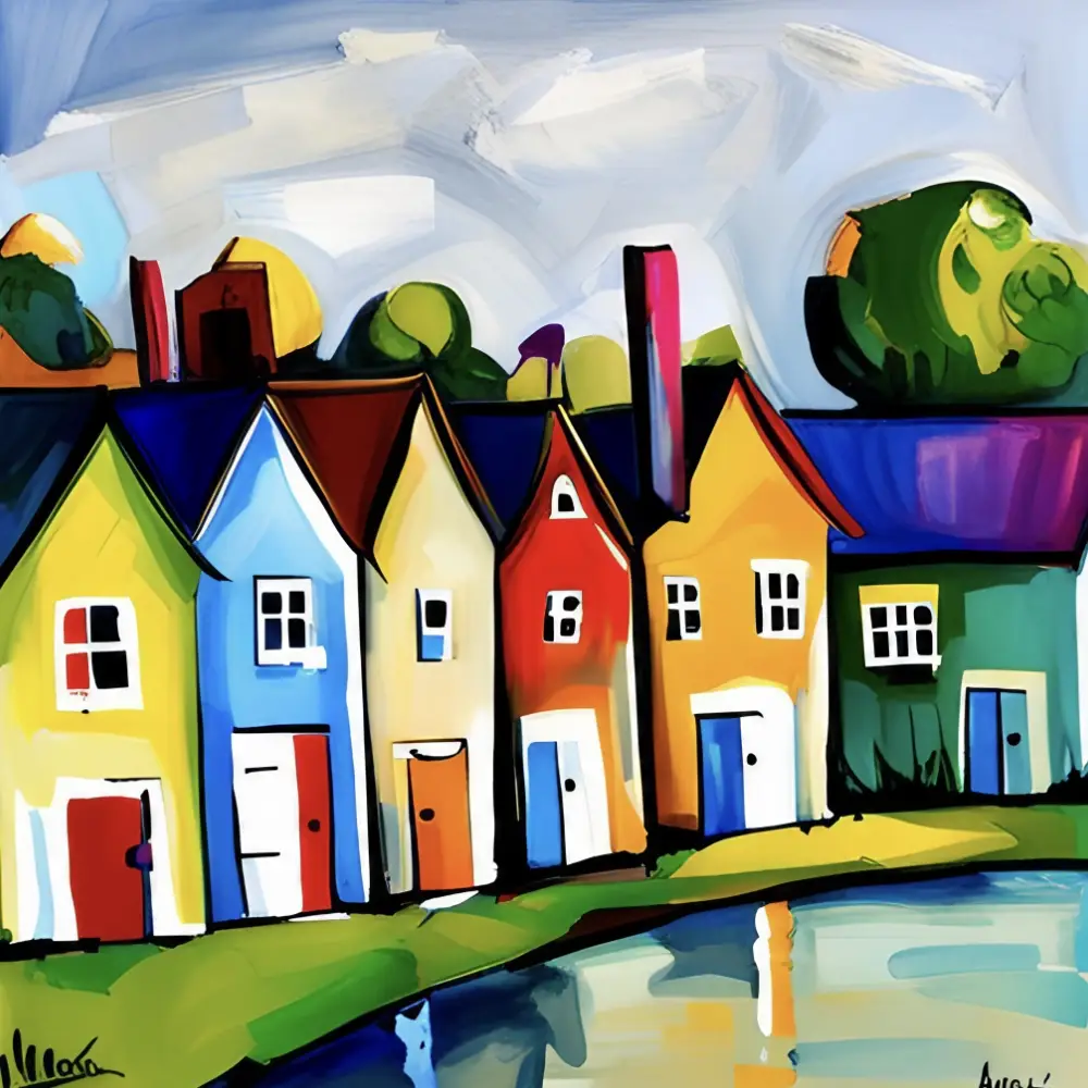 Colourful illustration of residential houses representing property ownership and home buying