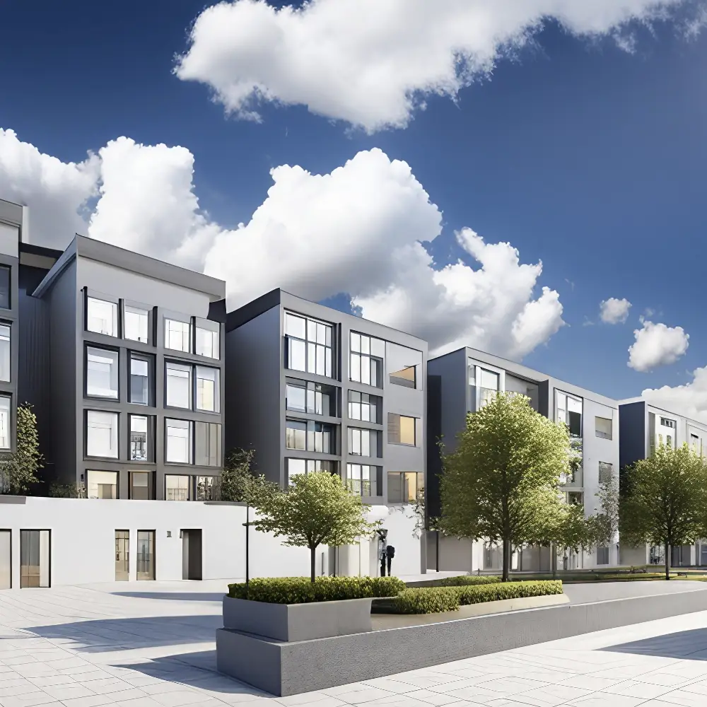 Modern apartment development representing new build property purchase and conveyancing