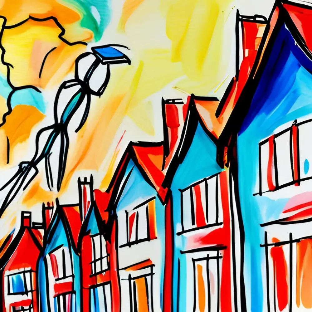 Row of colourful residential houses with key symbolising property purchase and home ownership