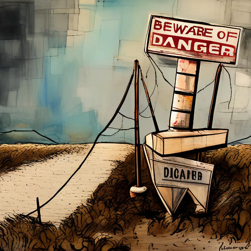 Danger warning sign on unstable land highlighting property risk and potential structural issues