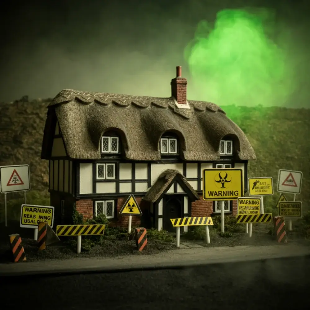 Residential house surrounded by hazard warning signs indicating environmental risk or contamination
