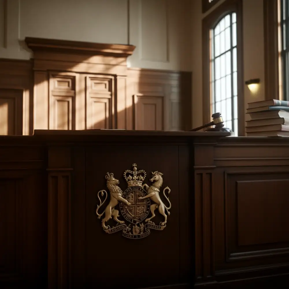 Courtroom judge bench with gavel and legal books in a traditional court setting