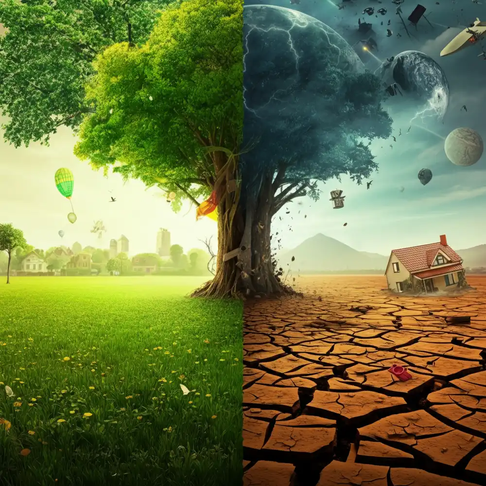 Split landscape showing lush green environment contrasted with dry cracked land, illustrating environmental change and climate impact