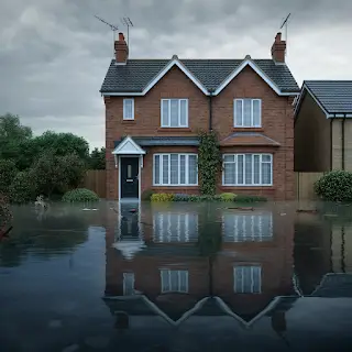 Flooded residential house with water surrounding the property, highlighting flood risk in property purchase