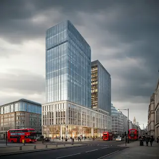 Modern commercial building in a city setting with glass façade and red buses, representing urban property and real estate development