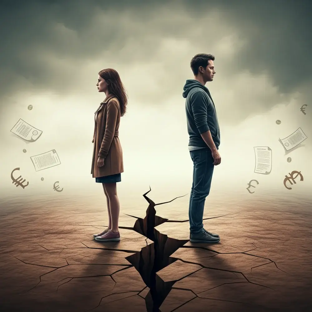Couple standing apart on cracked ground symbolising financial dispute and property separation during conveyancing